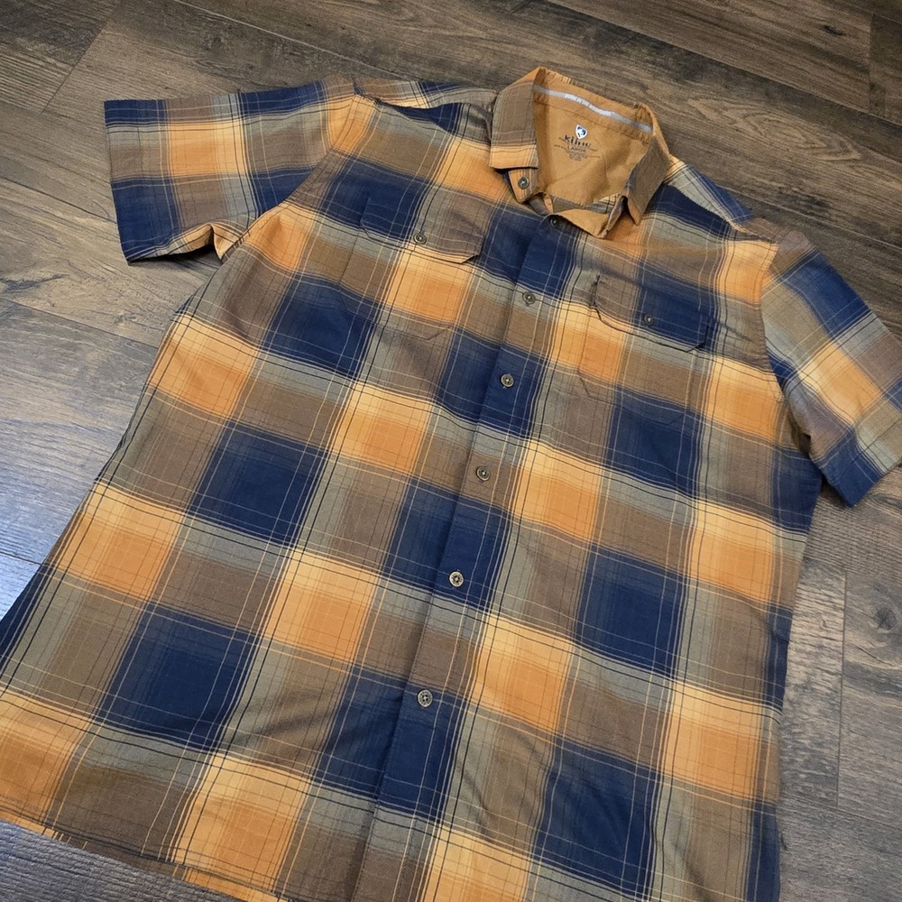 Kuhl Response Short Sleeve Shirt L Orange Plaid Stretch Hiking Gorpcore